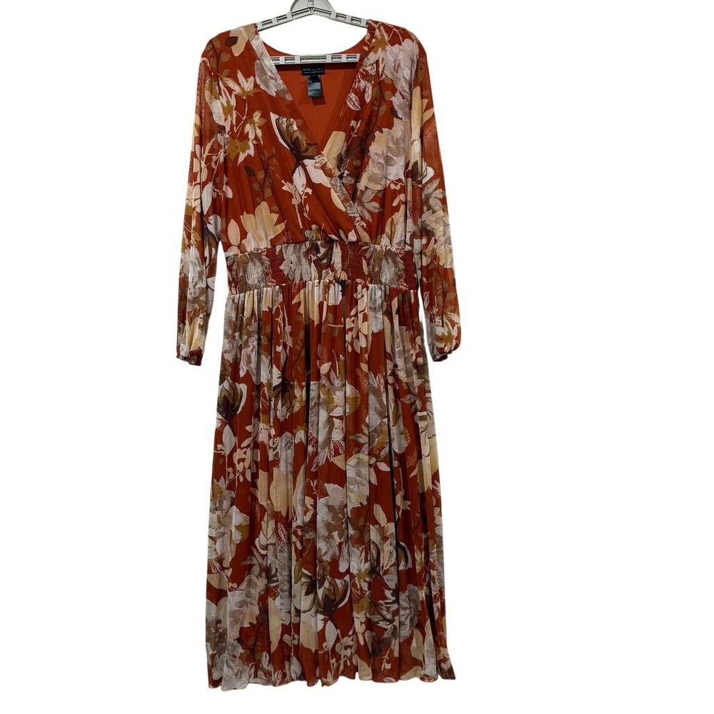 Kate and Lily Woman‎ Rust Floral Mesh Sleeve Smocked Maxi Dress 18W VTU210935RS